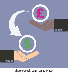 Human hand with currency symbols for market and stock money exchange concept in vector, pound to dollar