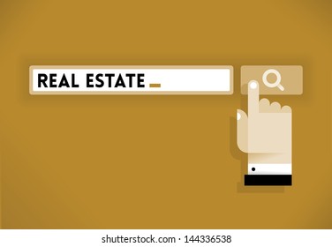 Human hand cursor icon over Search button looking for Real Estate. Idea - Looking for Real Estate.