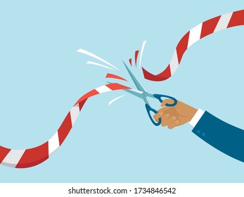 Human hand cutting red barricade tape with scissors. End of COVID-19 quarantine. Reopen concept.  Flat vector illustration