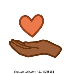 A Human Hand of Dark Skin color with a Heart. Vector Illustration in Cartoon style isolated on a white background. Love concept for Valentine's day, taking care of yourself and others.