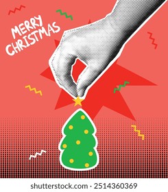 Una mano humana decora un árbol de Navidad. Feliz Navidad. Ilustración vectorial linda para la tarjeta, cartel, etc.