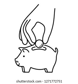 Human hand depositing coins in a money piggy bank. Vector flat outline icon illustration isolated on white background.