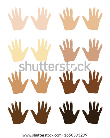 human hand with different skin tone   color. from white to black. Art design. hands with nails. Abstract concept  of democracy, volunteer, or racial concept design.