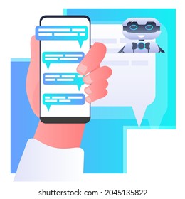 human hand discussing with robot chatbot assistant voice messages audio chat application online communication