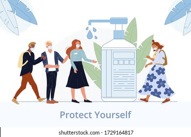 Human hand disinfection. People health protection. Diverse multi-ethnic man woman in respiratory face mask protected from coronavirus flu infection diseases waiting for disinfectants in bottle