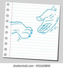Mano humana y pezuña de perro.