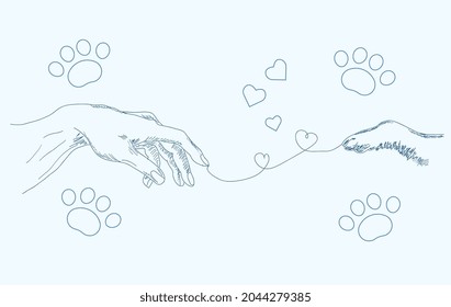 Human Hand And Dog Paw Hand Drawing Vector. Animal Love, Human-animal Bond