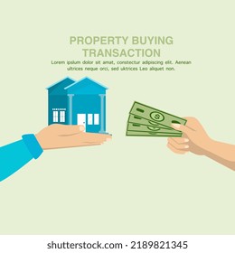 Human Hand with Dollar Bill and House. Flat style concept design illustration, light green background