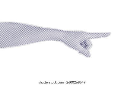 Human hand in dotted halftone pop art style pointing on the right. Halftone woman hand isolated on transparent background. Collage element for posters, banner, mixed media design