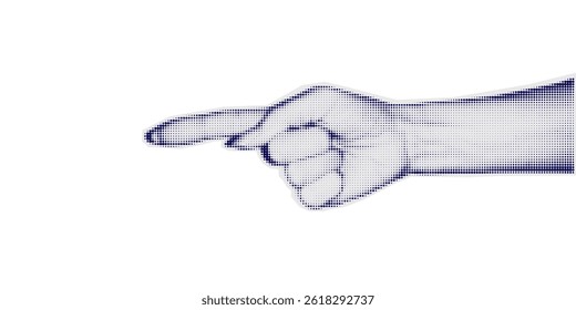 Human hand in dotted halftone pop art style pointing on the left. Halftone woman hand isolated on transparent background. Collage element for posters, banner, mixed media design