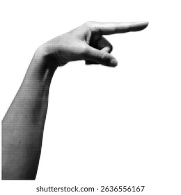 Human hand in dotted halftone pop art style pointing on the right. Halftone woman hand isolated on transparent background. Collage element for posters, banner, mixed media design