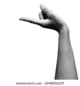 Human hand in dotted halftone pop art style pointing on the left. Halftone woman hand isolated on transparent background. Collage element for posters, banner, mixed media design