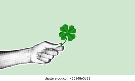 Human hand in dotted pop art style holding green four leaf clover on pastel mint green background with copy space. St. Patricks Day banner, card, social media, template. Lucky charm