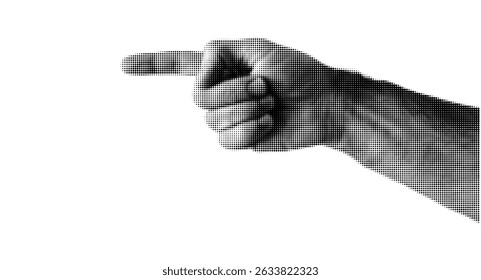 Human hand in dotted pop art style pointing to the left. Collage element isolated on transparent background for mixed media, magazine, poster or infographic design

