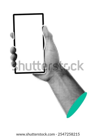 Human hand in dotted pop art style holding smartphone with blank screen. Retro halftone collage element for mixed media design. Vector design mobile phone mockup with empty display for ui, app, web.