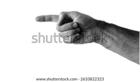 Human hand in dotted pop art style pointing to the left. Collage element isolated on transparent background for mixed media, magazine, poster or infographic design

