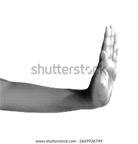 Human hand in dotted pop art style showing stop sign. Stop gesture. Collage element isolated on transparent background for mixed media, magazine, poster or infographic design.