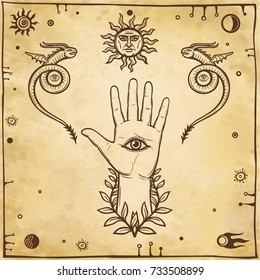    Human hand, dragons tempters, Eye of Providence. Esoteric, Religion, occultism.  
 Background - imitation of old paper. Vector illustration.