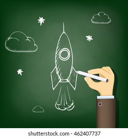 Human hand drawing chalk on a blackboard a rocket. Startup and business. Stock vector illustration.