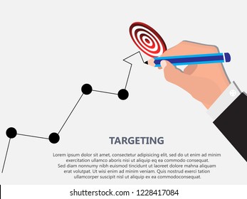 Human hand drawing graph target business success close up. Concept of business development. Vector illustration flat design. Isolated on white background. Step by step