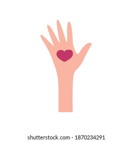 Human hand with a drawn heart in the palm. Caring and love. Support and solidarity. Colorful vector isolated illustration in flat style