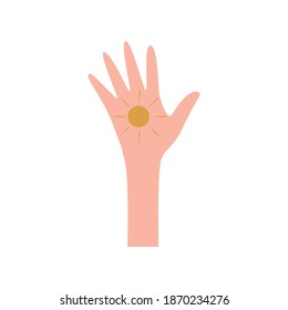 Mano humana con sol dibujado en la palma. Luz en la gente. Energía positiva. Cuidar y amar. Apoyo y solidaridad. Ilustración aislada de vector colorido en estilo plano