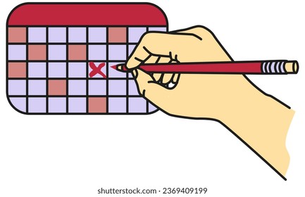 Human hand draws a cross on a calendar with a pencil. Simple vector color clipart with black outline isolated on transparent background