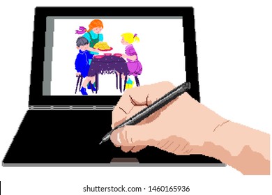 Human hand draws on the tablet as girl treats friends with cupcakes