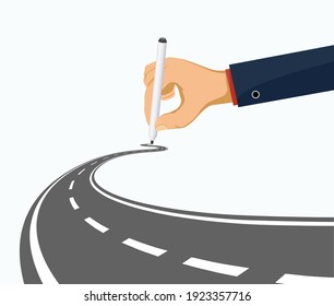 La mano humana dibuja un camino sinuoso. Ilustración vectorial.