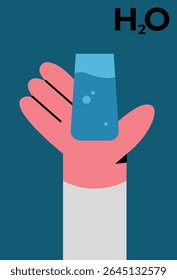 Human hand with drinking clean fresh water. Healthy hydration with pure water liquid. Character with glass. Flat vector illustration on white background.