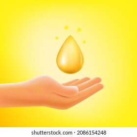 Human hand with drop of oil. 3d style vector concept
