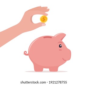 La mano humana lanza la moneda a la orilla del cerdo. Concepto de ahorro de dinero, economía, inversión, banca o servicios empresariales. Beneficio, ingresos, ingresos, presupuesto, fondo. Ilustración del vector