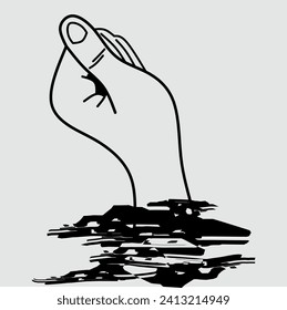 Human hand of drowning person, need emergency call for help, in debt, submerged, drowning, trouble gesture, crisis line drawing, vector on white background, sketch of drowning hand