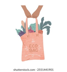 Human hand with eco bag full of  vegetables. Cotton eco shoppers in arms, zero waste concept, bio market, reusable items. Grocery order, local farm market.
