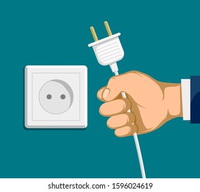 Human hand with electric plug and outlet. Vector illustration in flat graphics style.