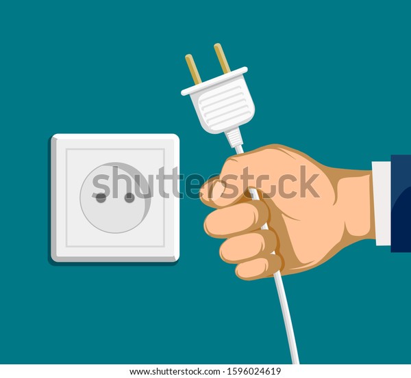 Human hand with electric plug and outlet.\
Vector illustration in flat graphics\
style.