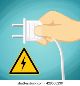 Human hand with an electric plug. Warning sign voltage. Stock Vector cartoon illustration.