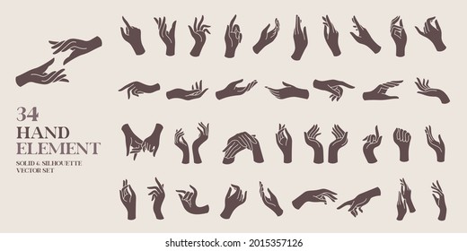human hand element solid and silhouette vector illustration set. For decorative,logo,card,invitation vintage and boho style.