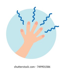 Human hand emanates blue waves. Isolated flat illustration on a white and blue backgroud. Cartoon vector image.