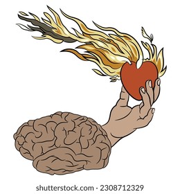 Human hand emerging from brain   holding burning heart  Creative concept love   emotion versus mental control  Isolated vector illustration 
