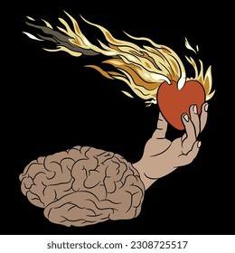 Human hand emerging from brain   holding burning heart  Creative concept love   emotion versus mental control  On black background 
