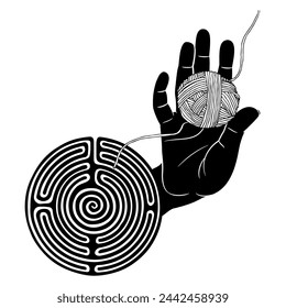Human hand emerging from a round spiral maze or labyrinth symbol and holding a yarn ball. Ariadne's thread. Creative mythological concept. Black and white silhouette.