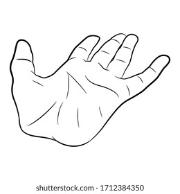 Human hand. Empty open palm. Releasing gesture. Black and white linear silhouette. Isolated vector illustration. 