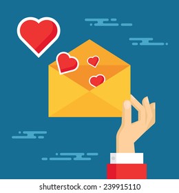 Human hand and envelope with red hearts - vector layout in flat style. Valentine's day concept illustration. 