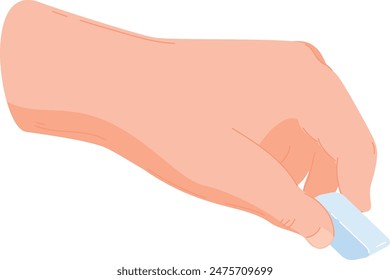 Human hand erasing concept minimalistic style pink colors isolated white background. Cartoon hand wiping away blue eraser, simple flat design. Vector illustration closeup using eraser pastel shades