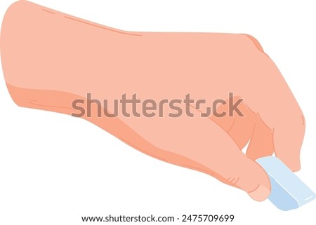 Human hand erasing concept minimalistic style pink colors isolated white background. Cartoon hand wiping away blue eraser, simple flat design. Vector illustration closeup using eraser pastel shades