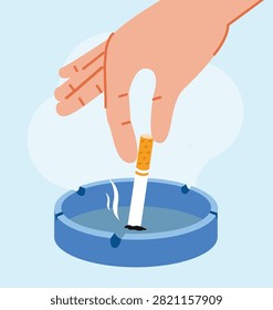 Human hand extinguishing cigarette in blue round ceramic ashtray representing quitting bad addiction habit health care lifestyle and anti tobacco movement
