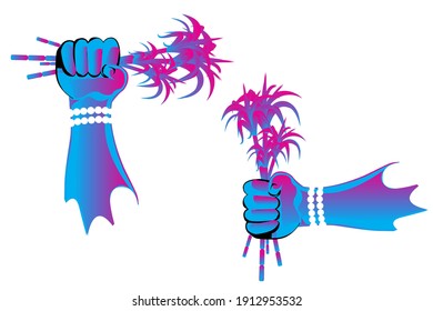 The human hand or Farmer hand holding a cane neon sign. Vector illustration in neon style. 