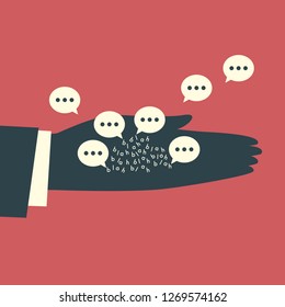 The human hand feeds the messaging icons as birds with B, L, A, H letters. Chatting concept illustration.