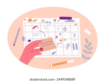 Human hand filling planer. Hand holding paper sticker, person writing, filling diary or taking notes flat vector illustration. Cartoon hand paper filling calendar